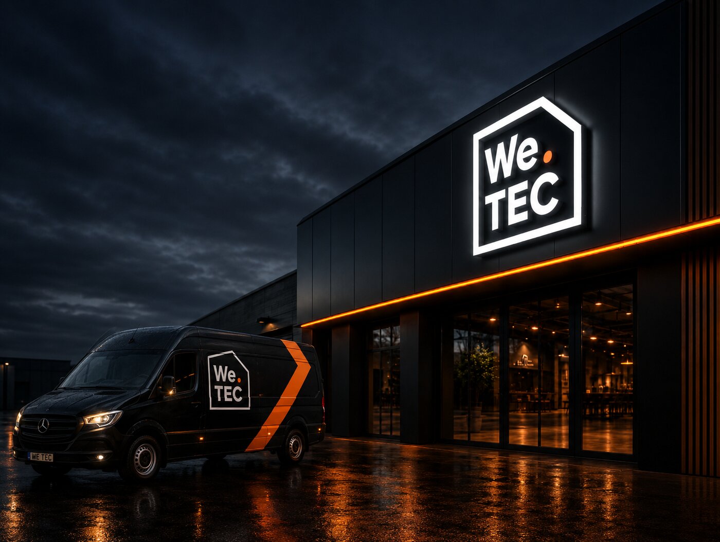 Světelné logo We.TEC na budově v noci